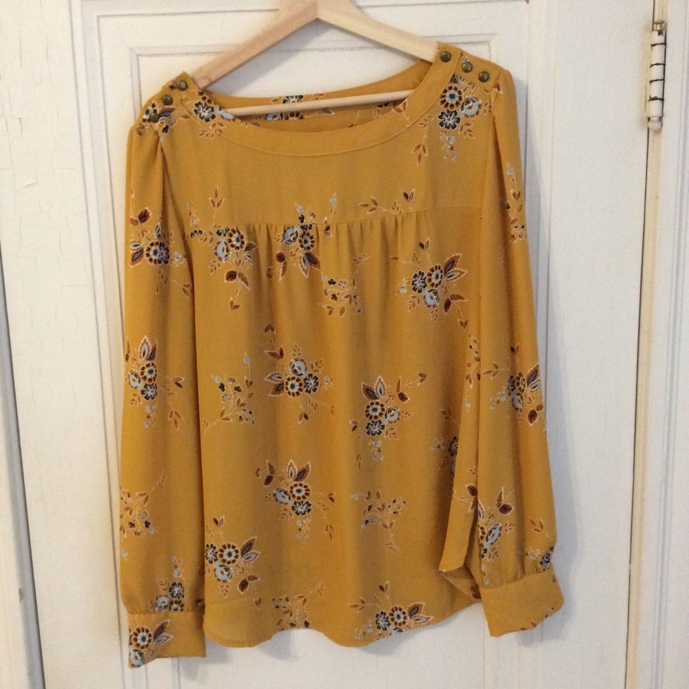 LOFT, Mustard Yellow Floral Print Top, L